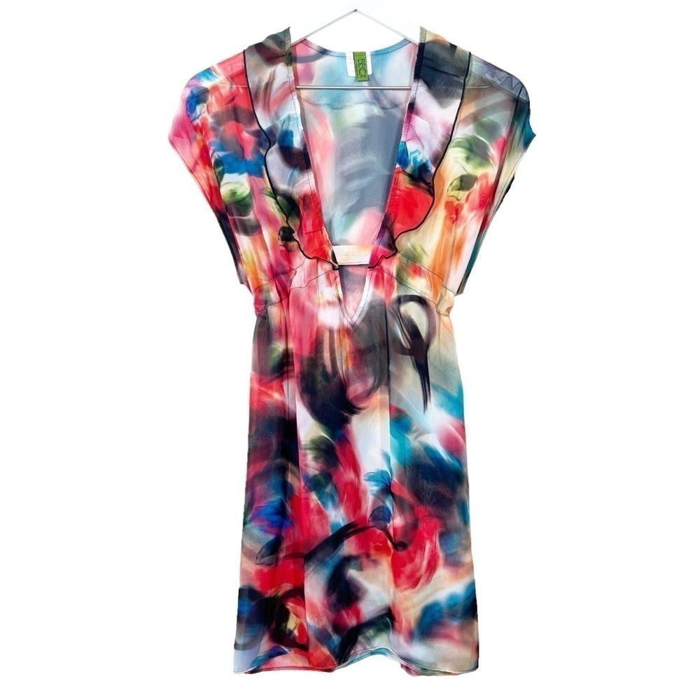 Becca Womens Watercolor Abstract Ruffle Swim Coverup Dress Size M/L Tie Waist